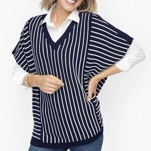 Talbots Sweater Size Large Navy Blue White Striped Poncho Oversized Nautical